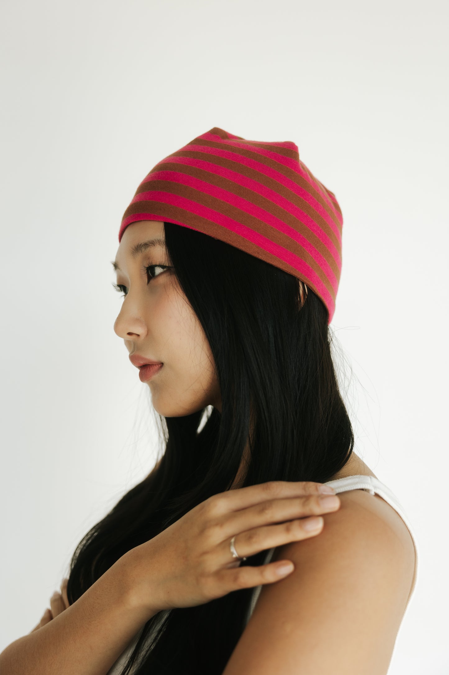 Riot Striped Rib Knit Beanie in- Red/Brown