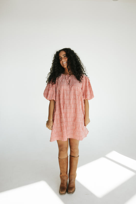 Sunday Cherry Plaid Puff Mini Dress (RESTOCKED)