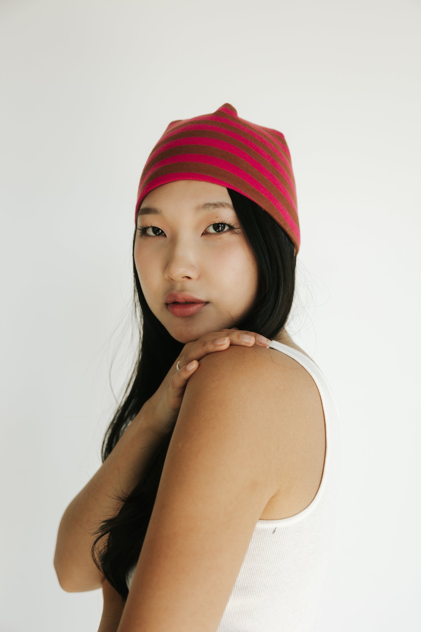 Riot Striped Rib Knit Beanie in- Red/Brown